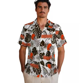 Cleveland Browns Summer Aloha Shirt, Brown White Tropical Plants Hawaiian Outfit