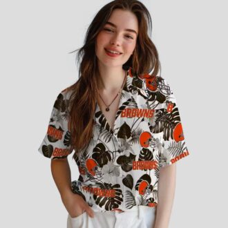 Cleveland Browns Summer Aloha Shirt, Brown White Tropical Plants Hawaiian Outfit