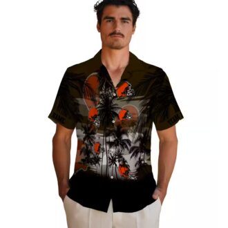Cleveland Browns Sunset Hawaiian Shirt, Custom Tropical Palm Brown Black Button Up