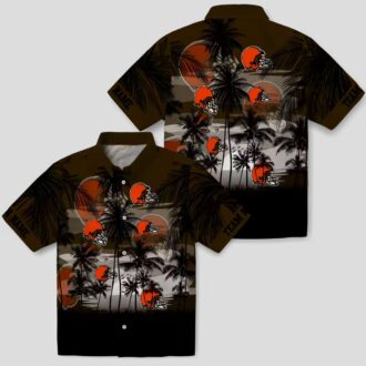 Cleveland Browns Sunset Hawaiian Shirt, Custom Tropical Palm Brown Black Button Up
