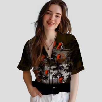 Cleveland Browns Sunset Hawaiian Shirt, Custom Tropical Palm Brown Black Button Up