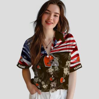 Cleveland Browns USA Flag Hawaiian Shirt, Custom Hibiscus Floral Button Up for Fans