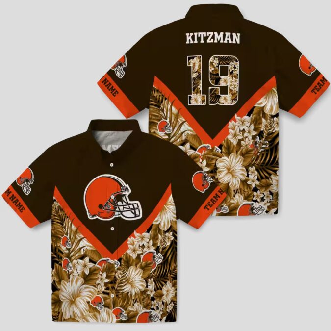 Custom Cleveland Browns Hawaiian Shirt for Fans, Chevron Floral NFL Brown Aloha Shirt