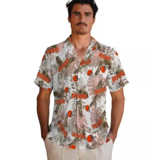 NFL Cleveland Browns Aloha Shirt, Tropical Palm Leaves Brown White Hawaiian Button Up