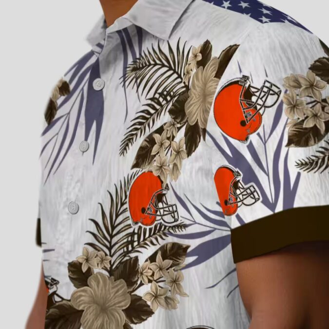 NFL Cleveland Browns Patriotic Hawaiian Shirt, Hibiscus Floral Brown White Print