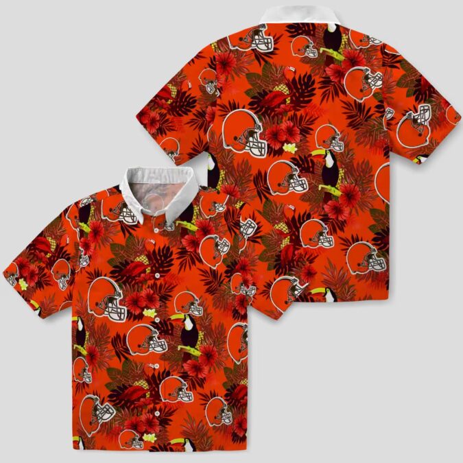 NFL Cleveland Browns Tropical Aloha Hawaiian Shirt, Brown Red Floral Toucan Print