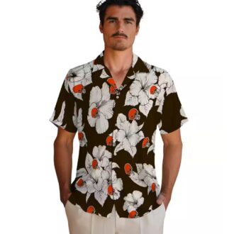 NFL Cleveland Browns Tropical Hawaiian Shirt, Hibiscus Blooms Brown White Print