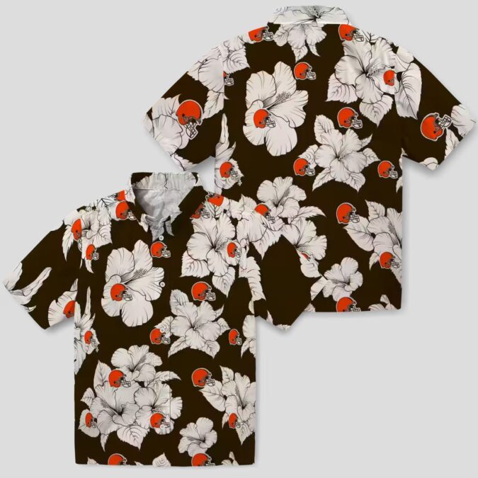 NFL Cleveland Browns Tropical Hawaiian Shirt, Hibiscus Blooms Brown White Print