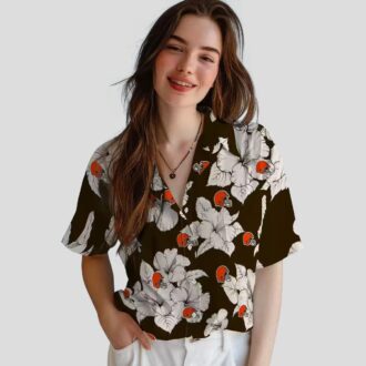 NFL Cleveland Browns Tropical Hawaiian Shirt, Hibiscus Blooms Brown White Print