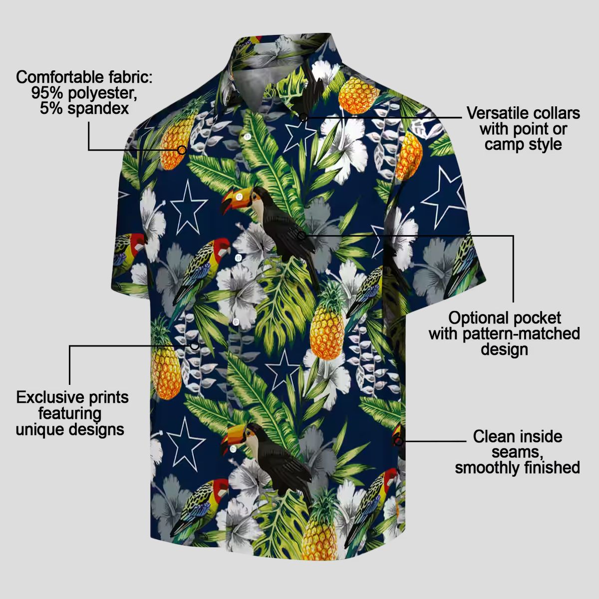 Custom Dallas Cowboys Hawaiian Shirt, Blue Green Tropical Toucan NFL Summer Outfit
