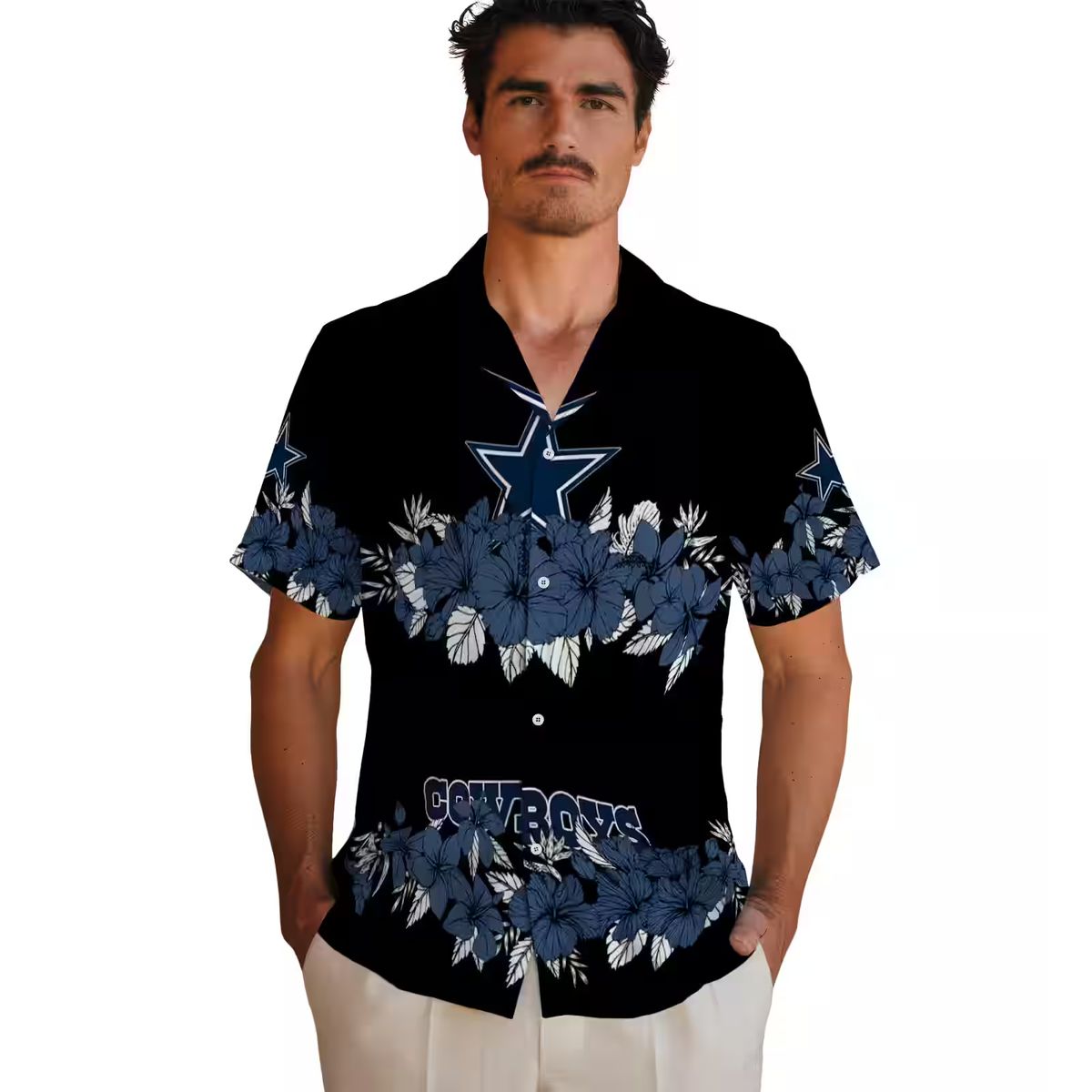 Dallas Cowboys Hawaiian Beach Shirt – Blue & Black Hibiscus Stripe Print