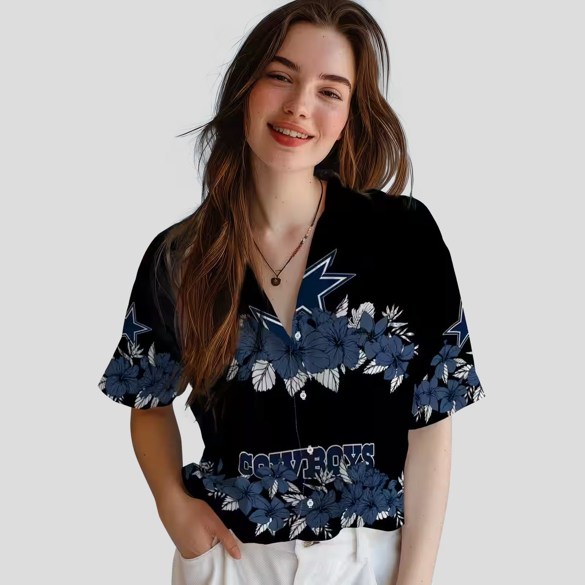 Dallas Cowboys Hawaiian Beach Shirt – Blue & Black Hibiscus Stripe Print