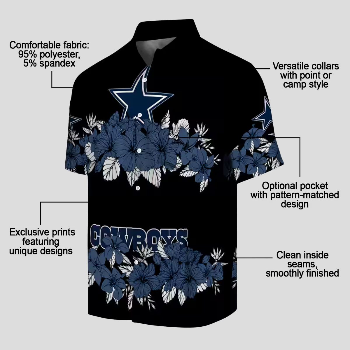 Dallas Cowboys Hawaiian Beach Shirt – Blue & Black Hibiscus Stripe Print