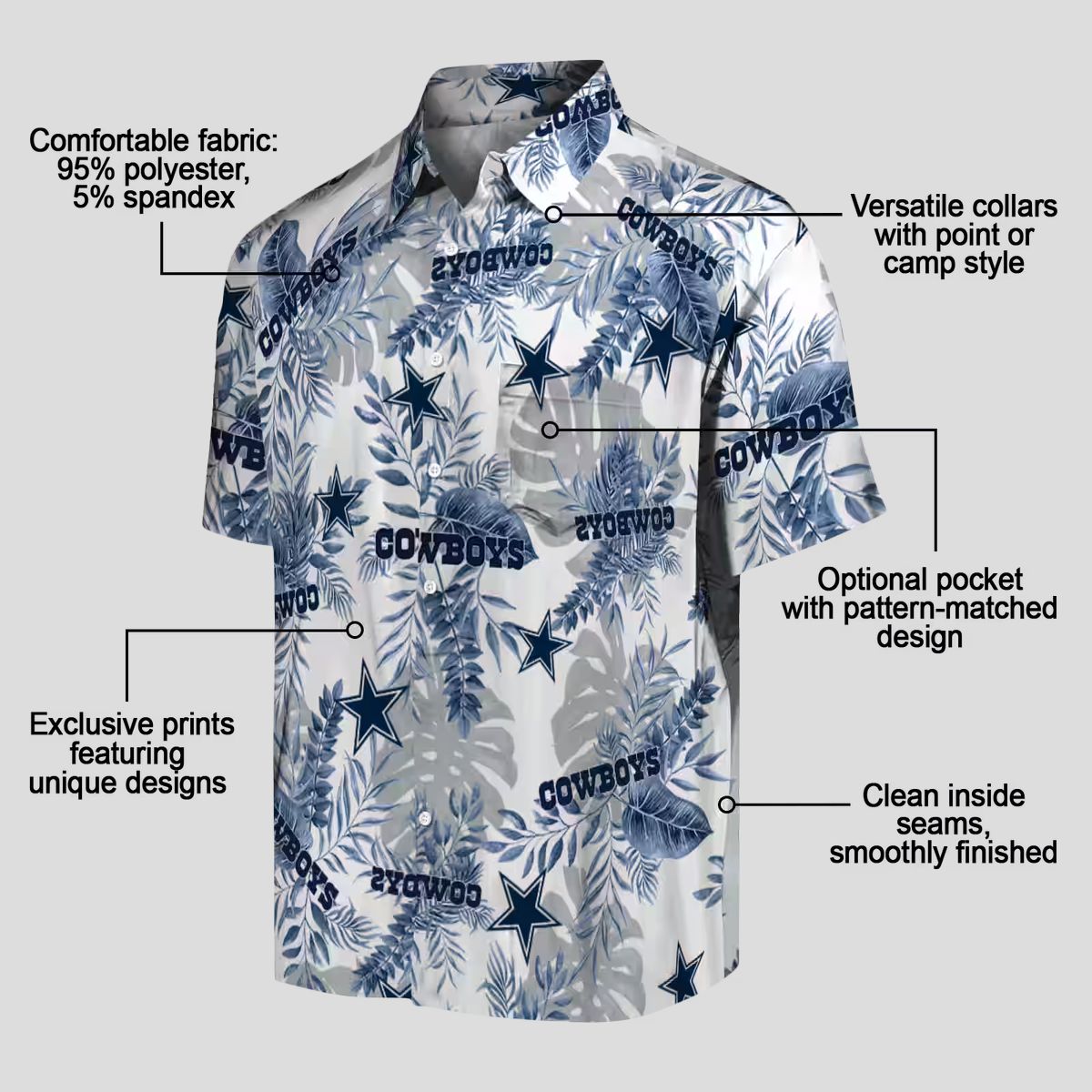 Dallas Cowboys Hawaiian Shirt for Men, Blue White Tropical Leaves NFL Summer Shirt