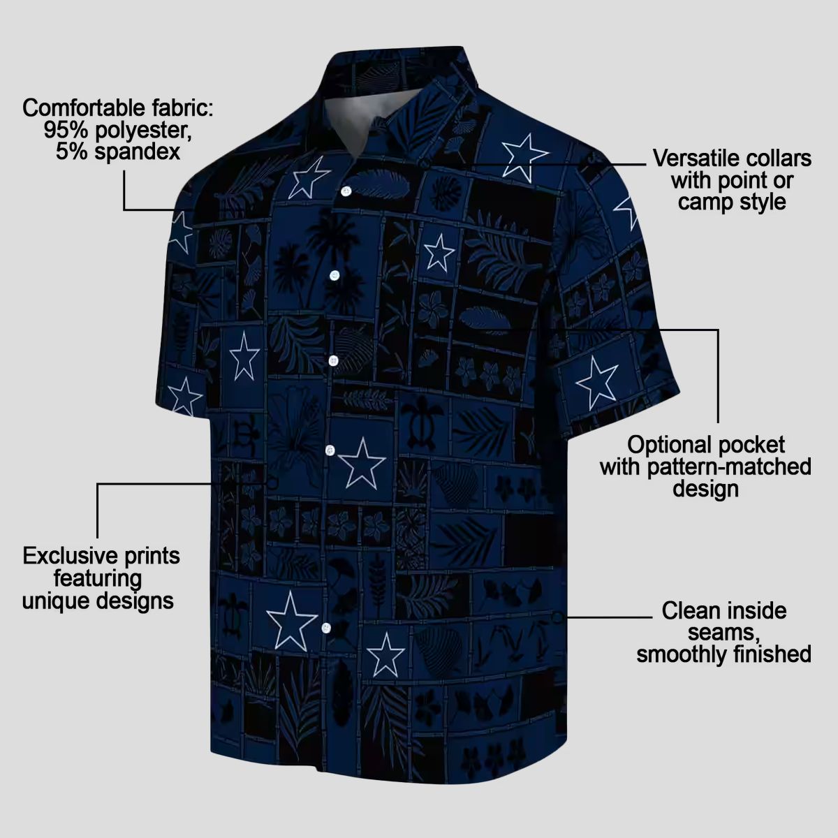 Dallas Cowboys Hawaiian Shirt, Tropical Patchwork Aloha Beach Shirt for NFL Fans