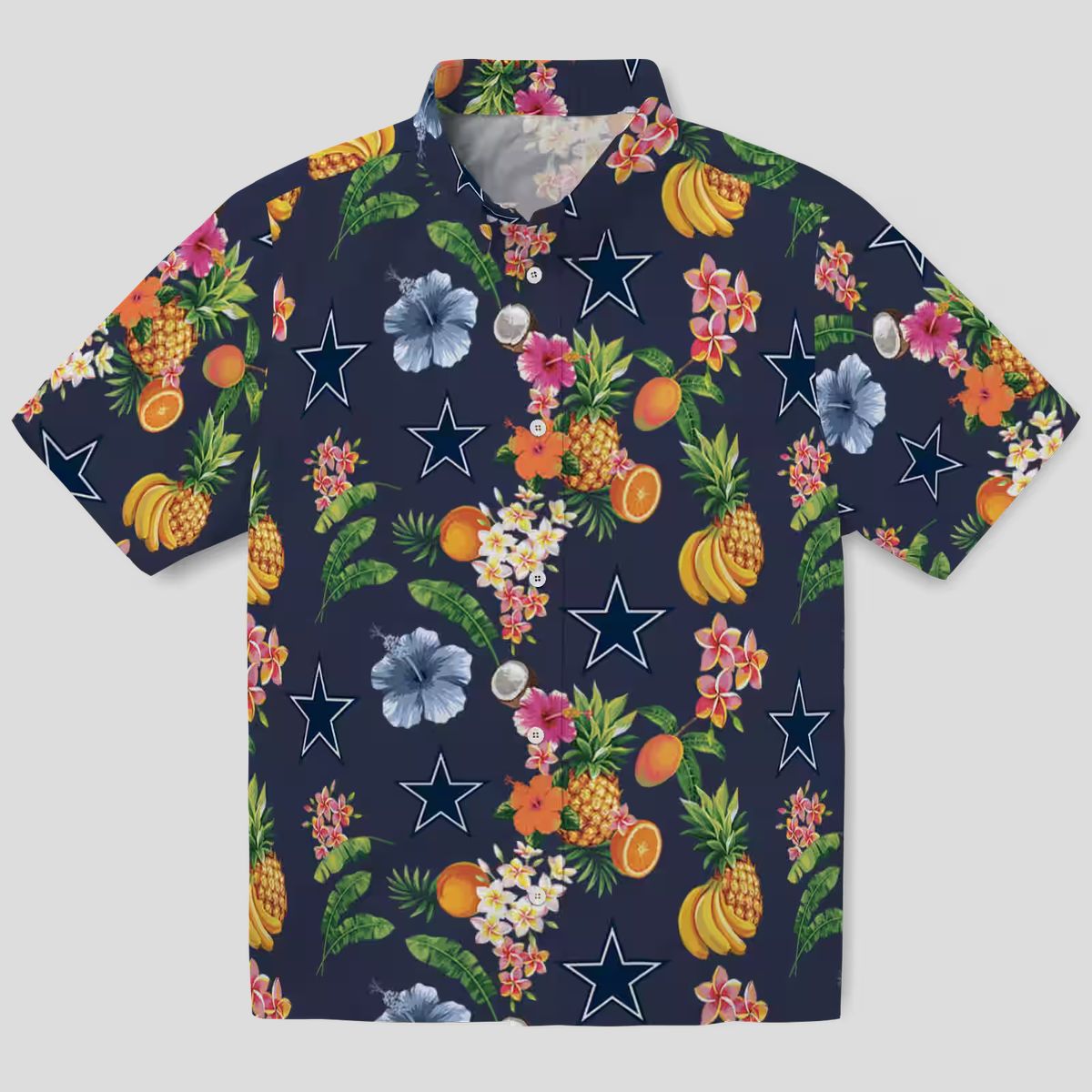 Dallas Cowboys Navy Blue Hawaiian Shirt, Summer Beach Aloha Shirt with Hibiscus & Fruits