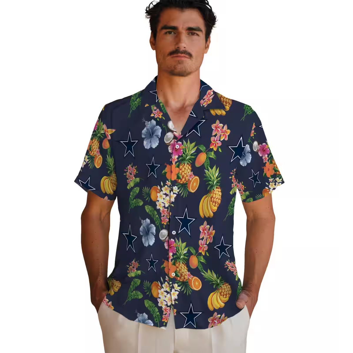Dallas Cowboys Navy Blue Hawaiian Shirt, Summer Beach Aloha Shirt with Hibiscus & Fruits