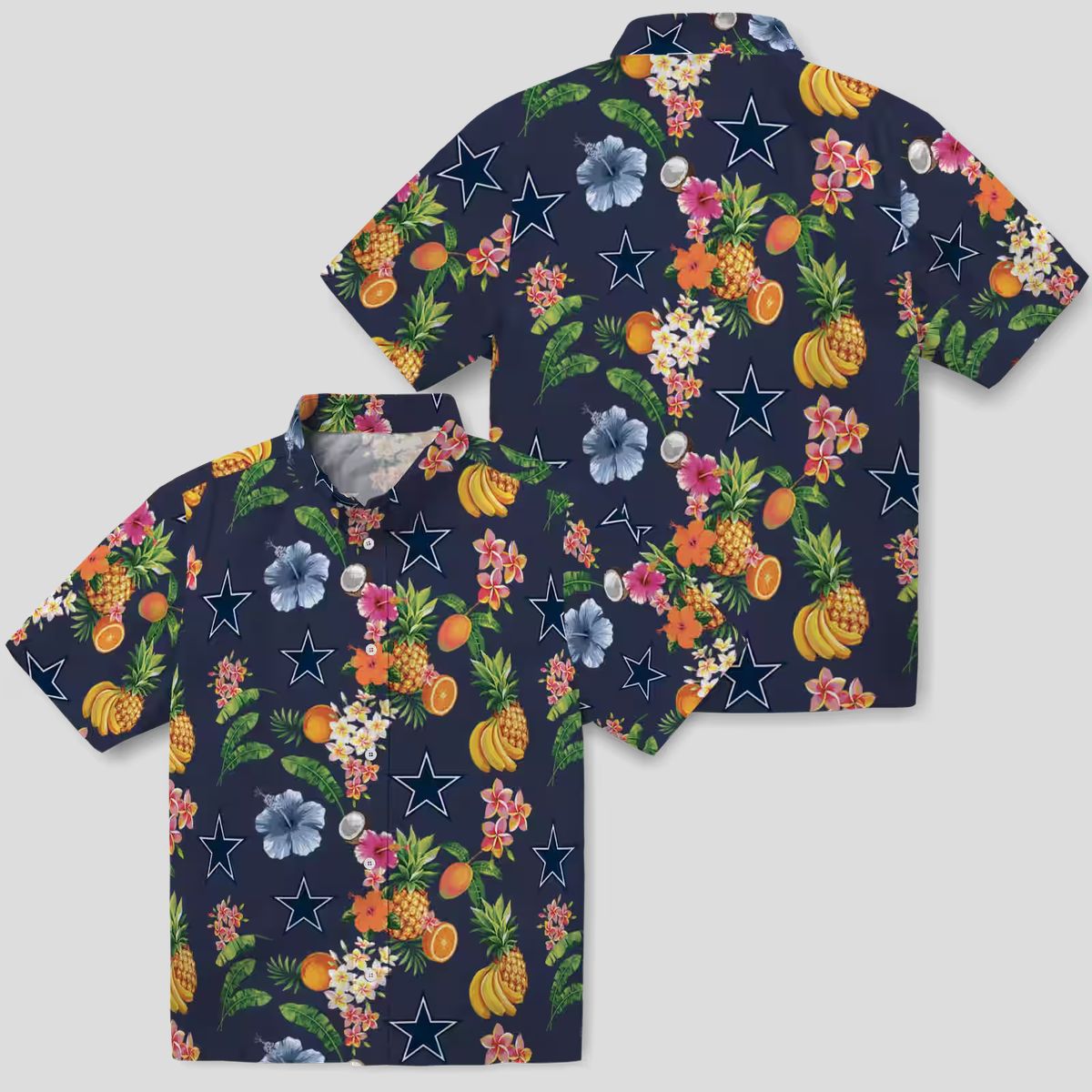 Dallas Cowboys Navy Blue Hawaiian Shirt, Summer Beach Aloha Shirt with Hibiscus & Fruits
