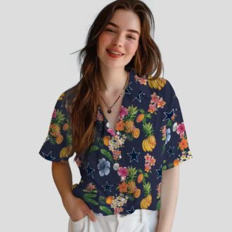 Dallas Cowboys Navy Blue Hawaiian Shirt, Summer Beach Aloha Shirt with Hibiscus & Fruits