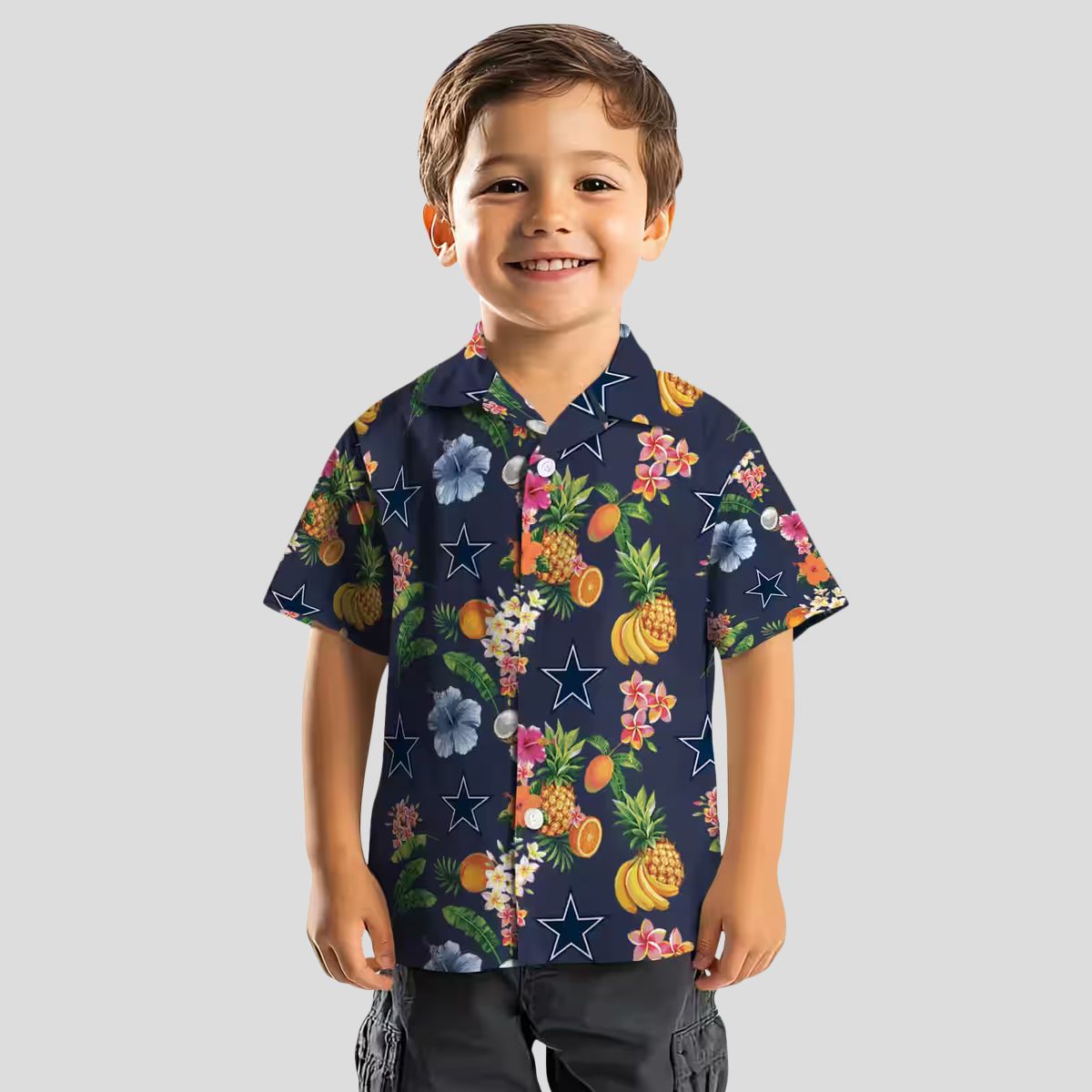 Dallas Cowboys Navy Blue Hawaiian Shirt, Summer Beach Aloha Shirt with Hibiscus & Fruits
