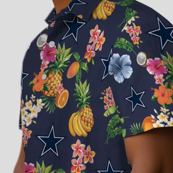 Dallas Cowboys Navy Blue Hawaiian Shirt, Summer Beach Aloha Shirt with Hibiscus & Fruits