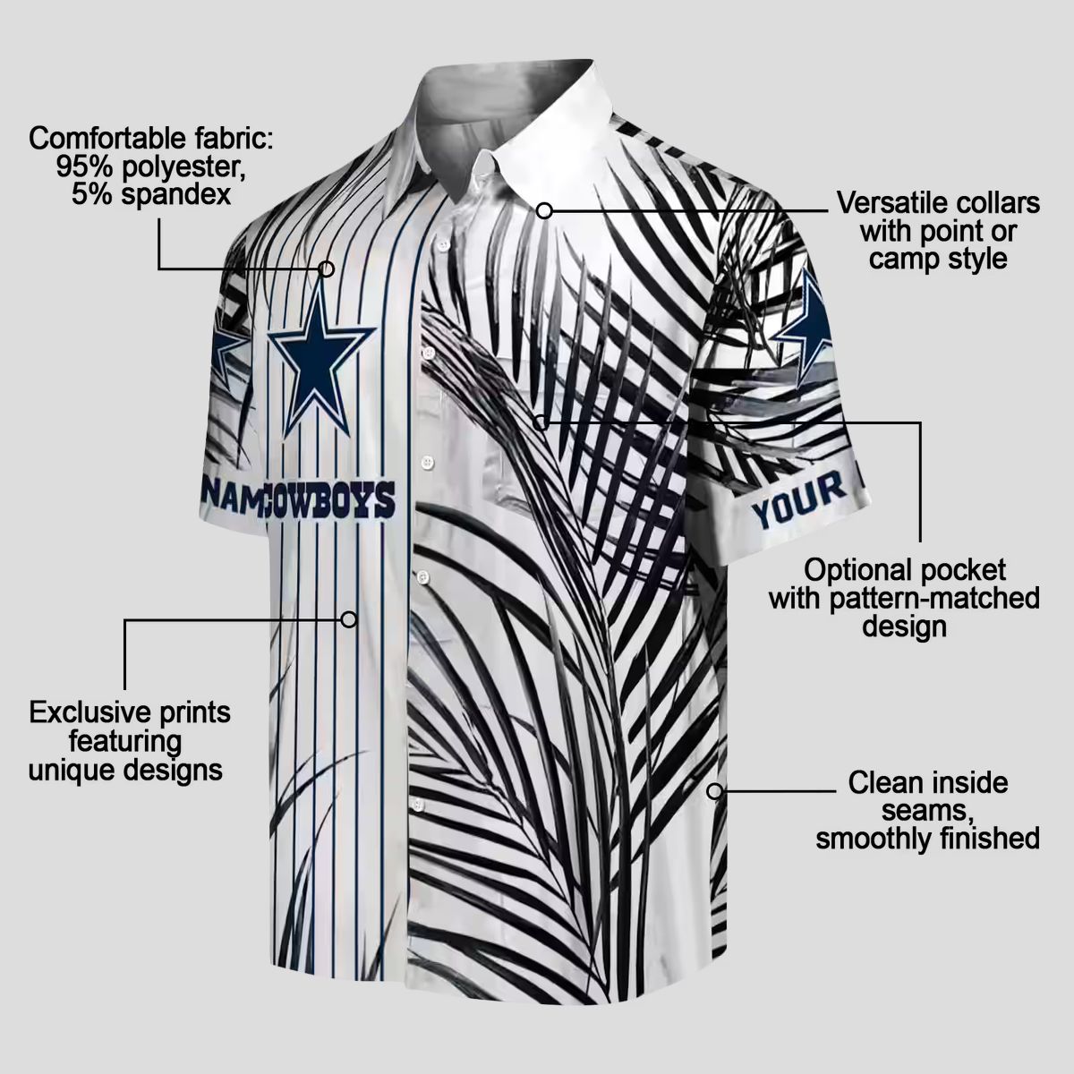 Dallas Cowboys Palm Stripes Hawaiian Shirt, Aloha Summer Blue Black White Shirt for Mens