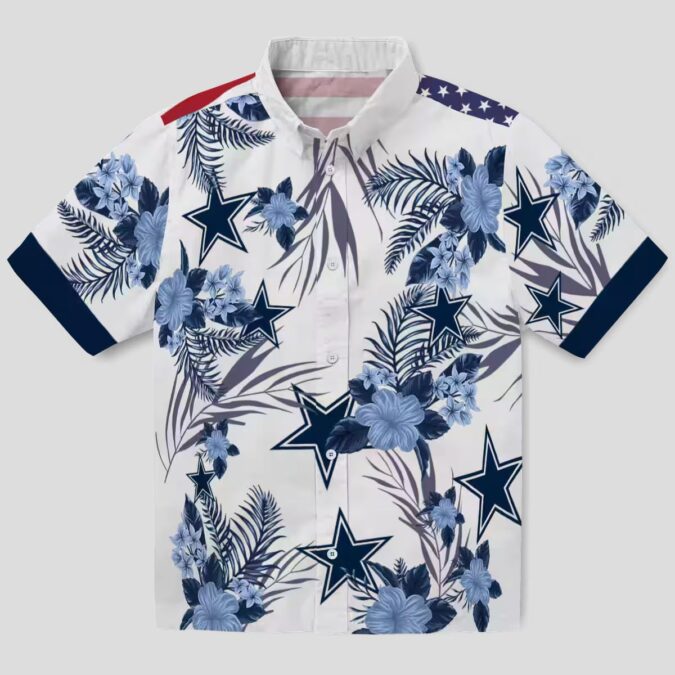 Dallas Cowboys Patriotic Hibiscus Hawaiian Shirt, Football Fans NFL Blue White Shirt