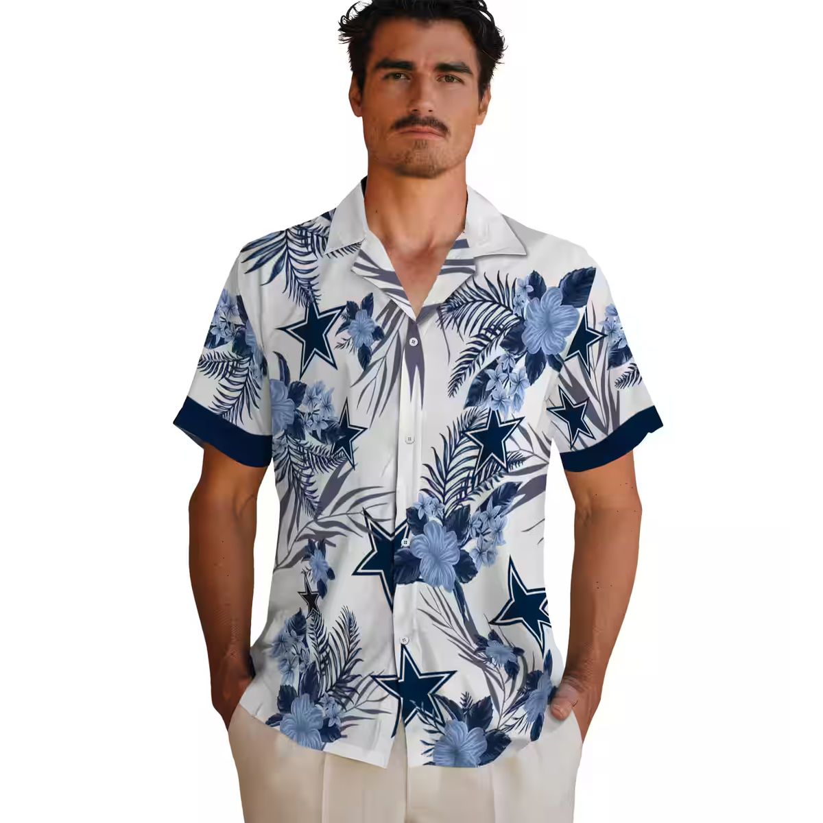 Dallas Cowboys Patriotic Hibiscus Hawaiian Shirt, Football Fans NFL Blue White Shirt