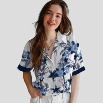 Dallas Cowboys Patriotic Hibiscus Hawaiian Shirt, Football Fans NFL Blue White Shirt