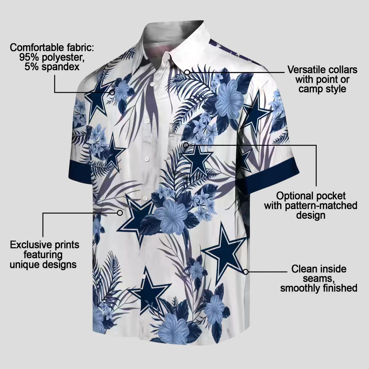 Dallas Cowboys Patriotic Hibiscus Hawaiian Shirt, Football Fans NFL Blue White Shirt
