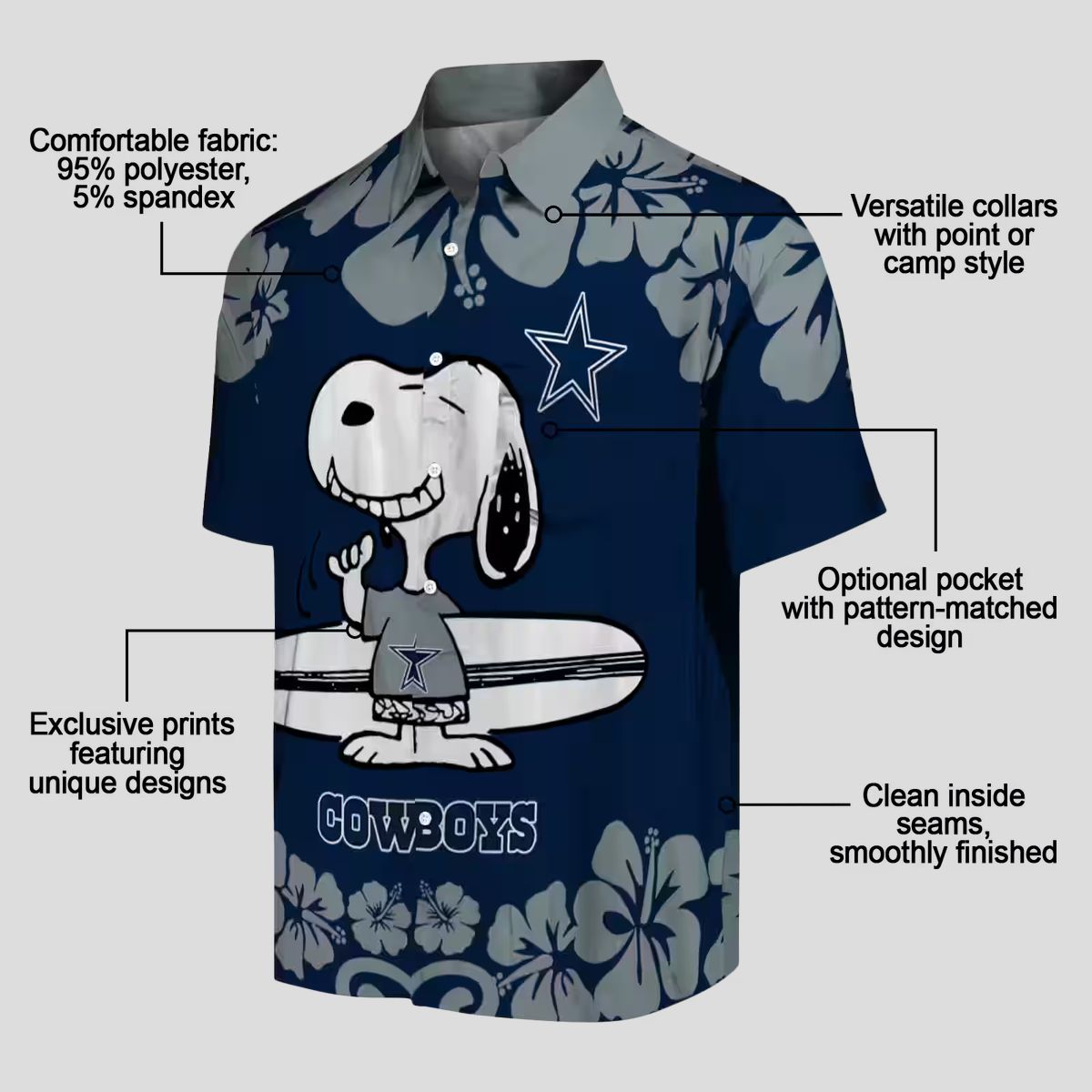 Dallas Cowboys Snoopy Surf Hawaiian Shirt, NFL Beach Shirt in Blue & White for Vacation
