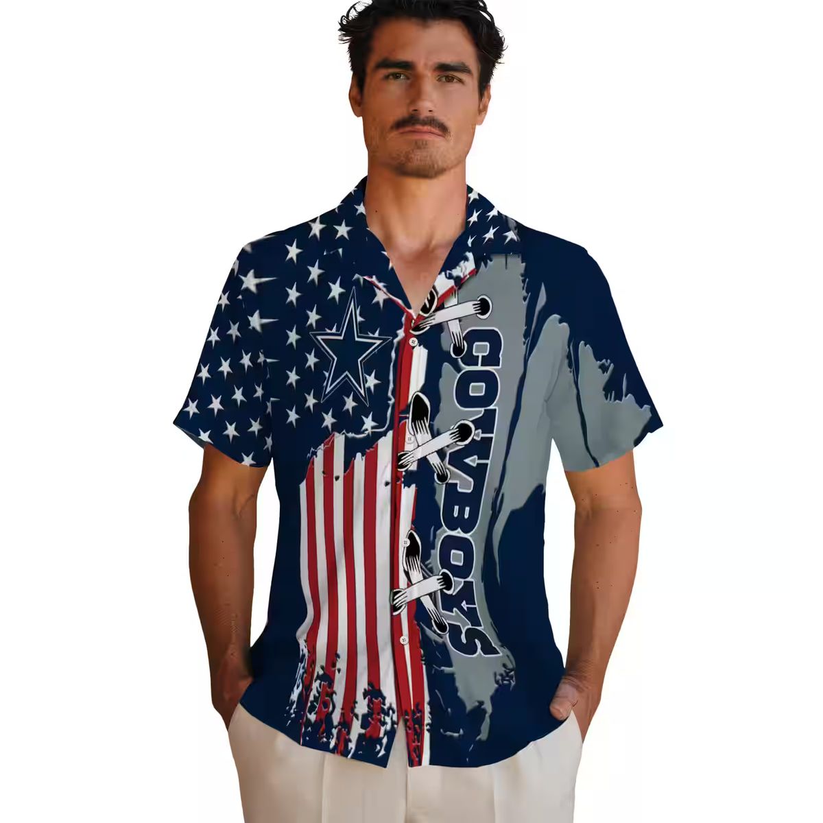 Dallas Cowboys Stitched Flag Hawaiian Shirt, NFL Team Aloha Shirt for Football Fans