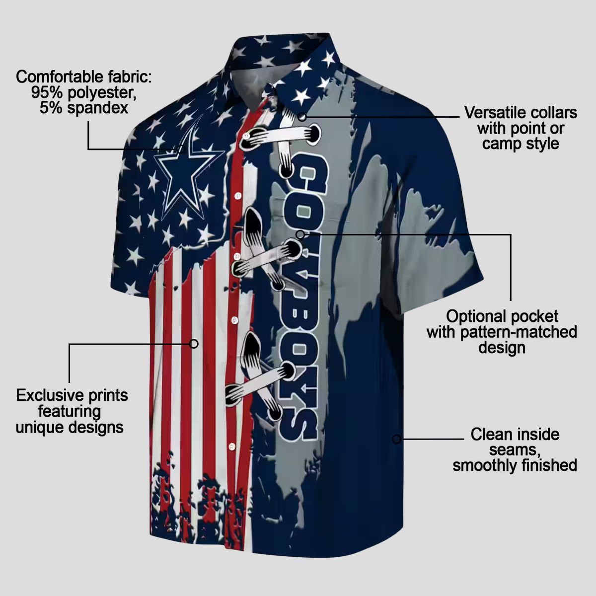 Dallas Cowboys Stitched Flag Hawaiian Shirt, NFL Team Aloha Shirt for Football Fans