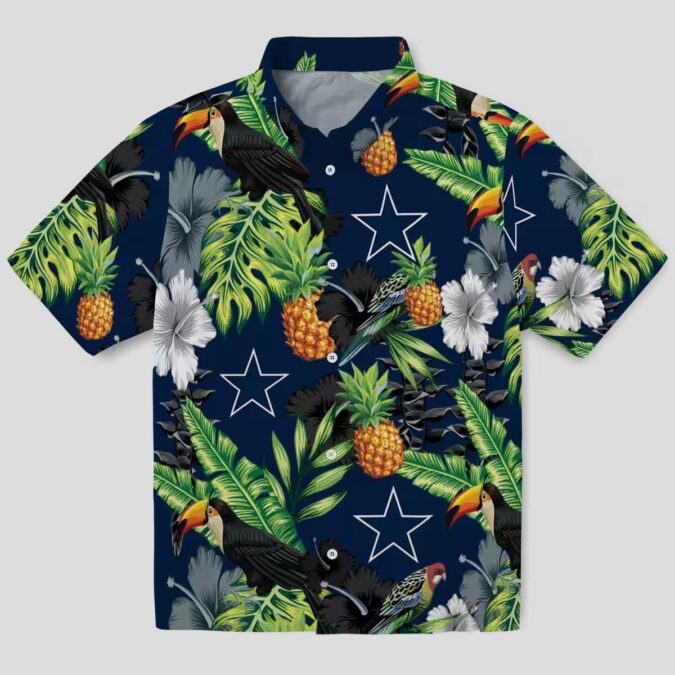 Dallas Cowboys Toucan Hibiscus Hawaiian Shirt, Blue Green Shirt with Pineapple Design