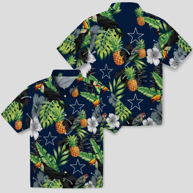 Dallas Cowboys Toucan Hibiscus Hawaiian Shirt, Blue Green Shirt with Pineapple Design