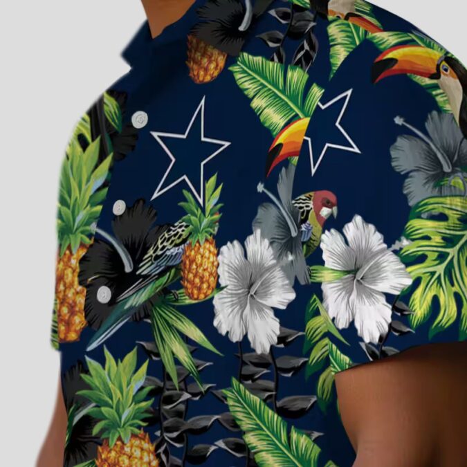 Dallas Cowboys Toucan Hibiscus Hawaiian Shirt, Blue Green Shirt with Pineapple Design