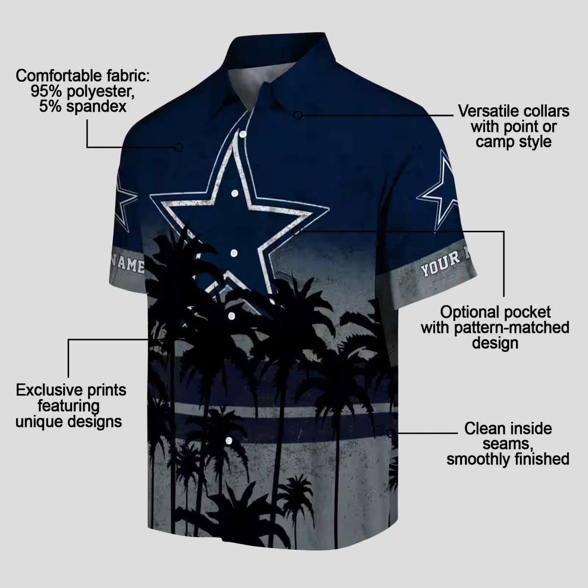 Limited Edition Dallas Cowboys Hawaiian Shirt- Blue & Black Sunset Palm Tree Print