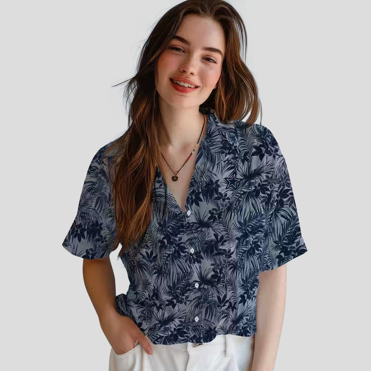 NFL Team Dallas Cowboys Aloha Shirt, Leafy Pattern Blue Hawaiian Button Up