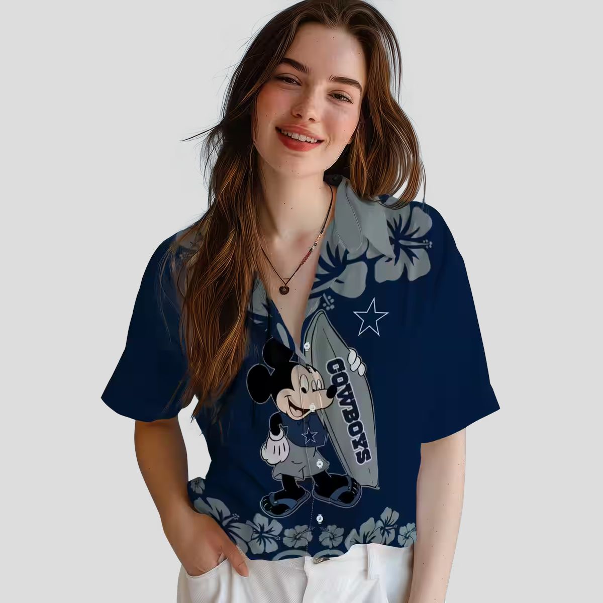 Surfing Mickey Blue Hawaiian Aloha Shirt for Cowboys fans, NFL Tropical Button Up Shirt