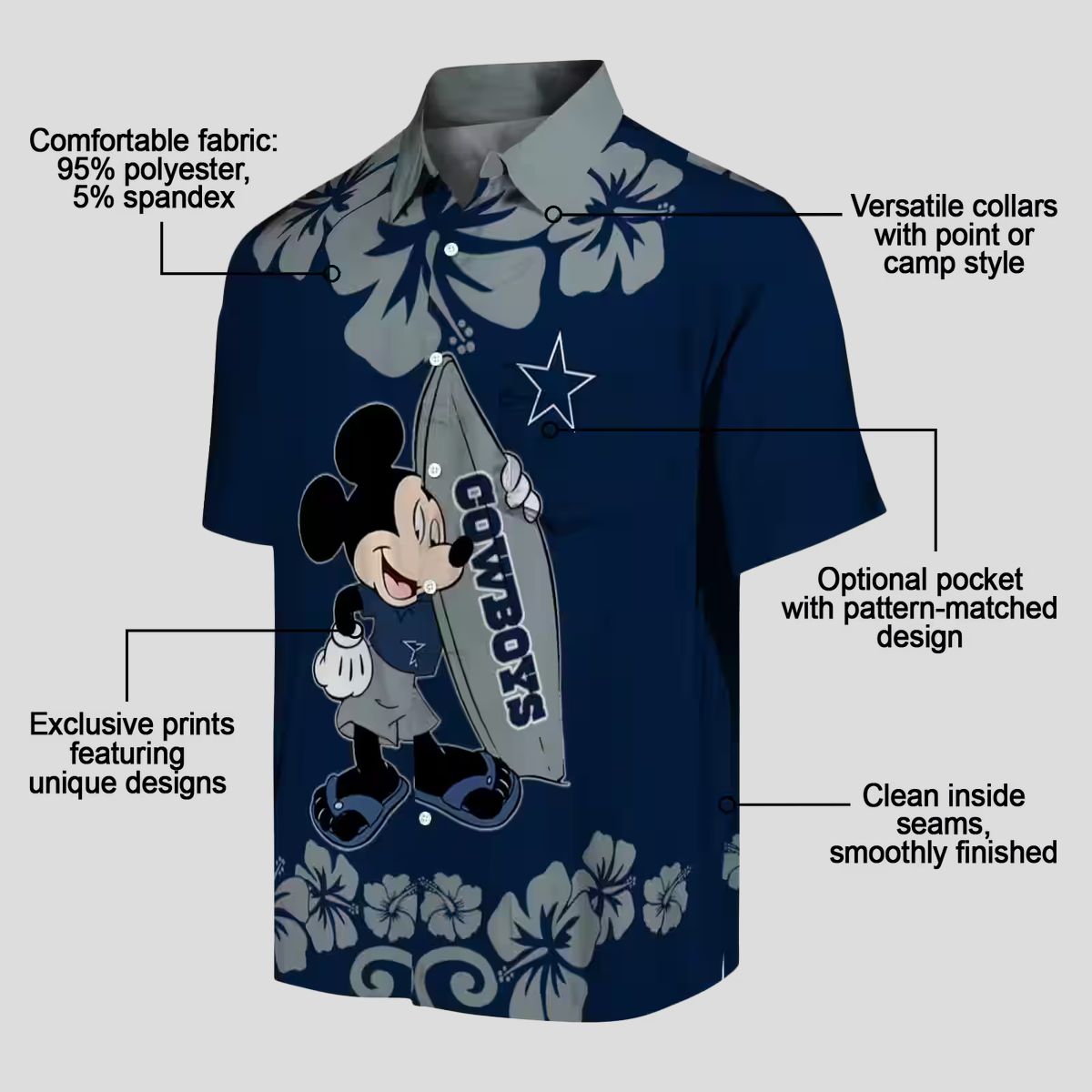 Surfing Mickey Blue Hawaiian Aloha Shirt for Cowboys fans, NFL Tropical Button Up Shirt