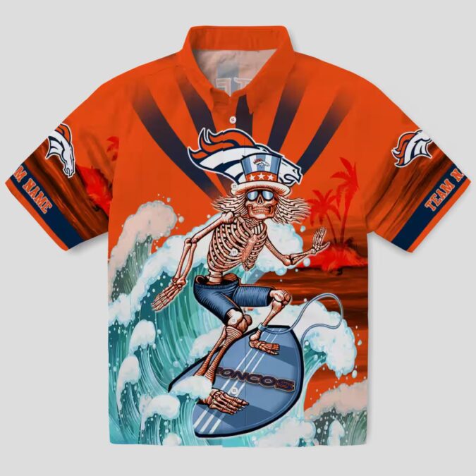 Custom Broncos Surfing Skeleton Hawaiian Shirt, Orange & Blue NFL Summer Aloha Shirt