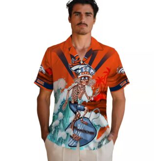 Custom Broncos Surfing Skeleton Hawaiian Shirt, Orange & Blue NFL Summer Aloha Shirt