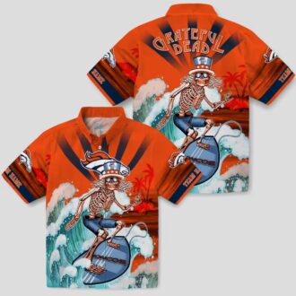 Custom Broncos Surfing Skeleton Hawaiian Shirt, Orange & Blue NFL Summer Aloha Shirt