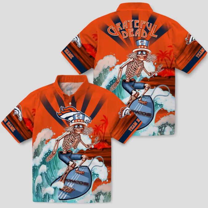 Custom Broncos Surfing Skeleton Hawaiian Shirt, Orange & Blue NFL Summer Aloha Shirt