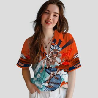 Custom Broncos Surfing Skeleton Hawaiian Shirt, Orange & Blue NFL Summer Aloha Shirt