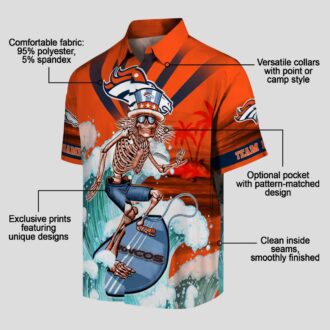 Custom Broncos Surfing Skeleton Hawaiian Shirt, Orange & Blue NFL Summer Aloha Shirt