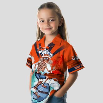 Custom Broncos Surfing Skeleton Hawaiian Shirt, Orange & Blue NFL Summer Aloha Shirt