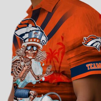 Custom Broncos Surfing Skeleton Hawaiian Shirt, Orange & Blue NFL Summer Aloha Shirt