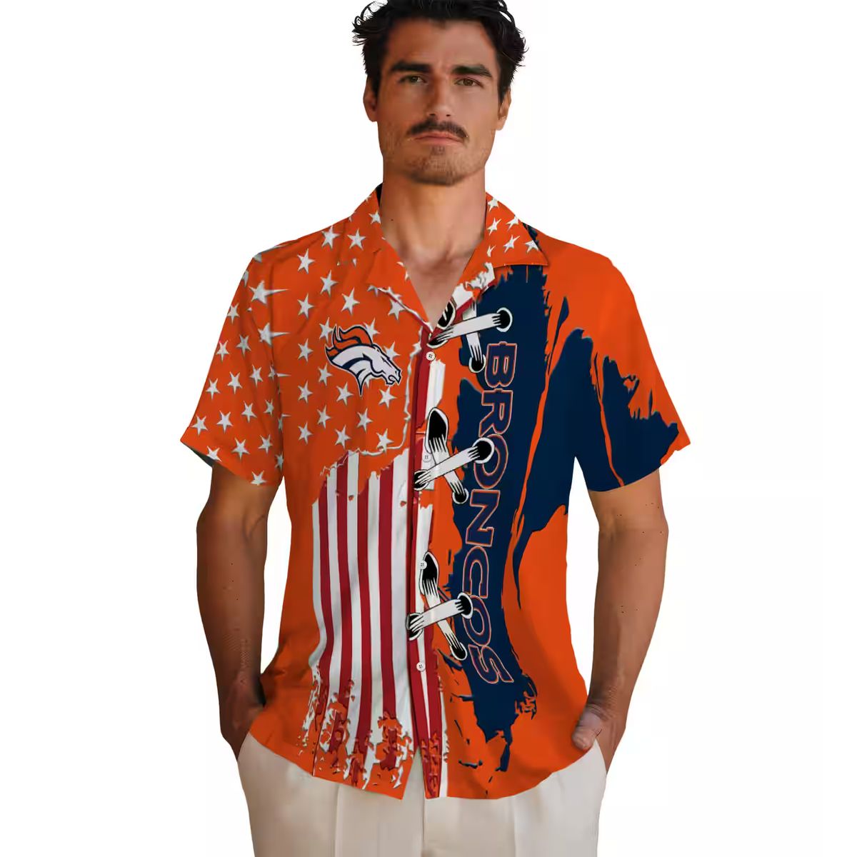 Denver Broncos Aloha Hawaiian Shirt, NFL Orange Stitched Flag Summer Beachwear