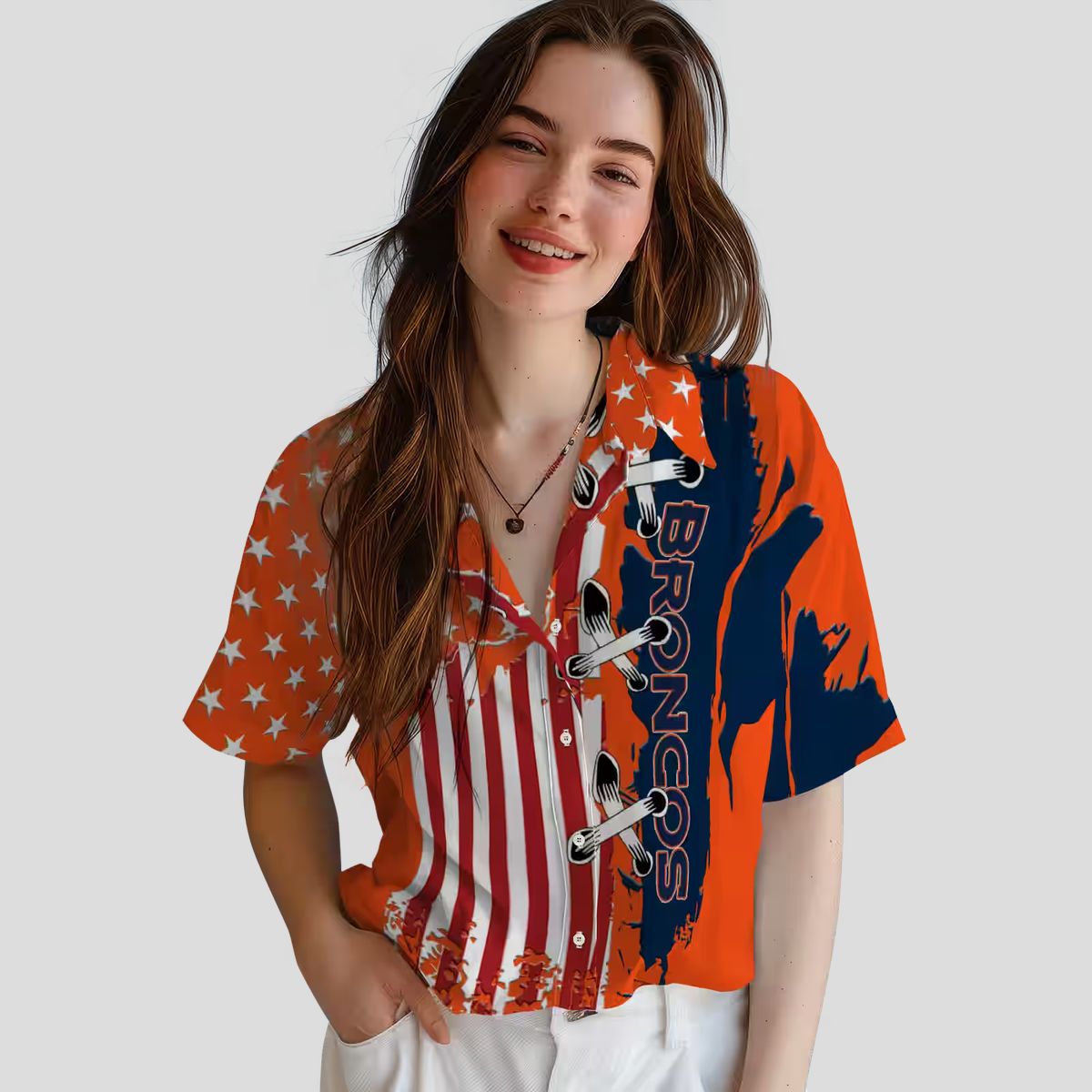 Denver Broncos Aloha Hawaiian Shirt, NFL Orange Stitched Flag Summer Beachwear